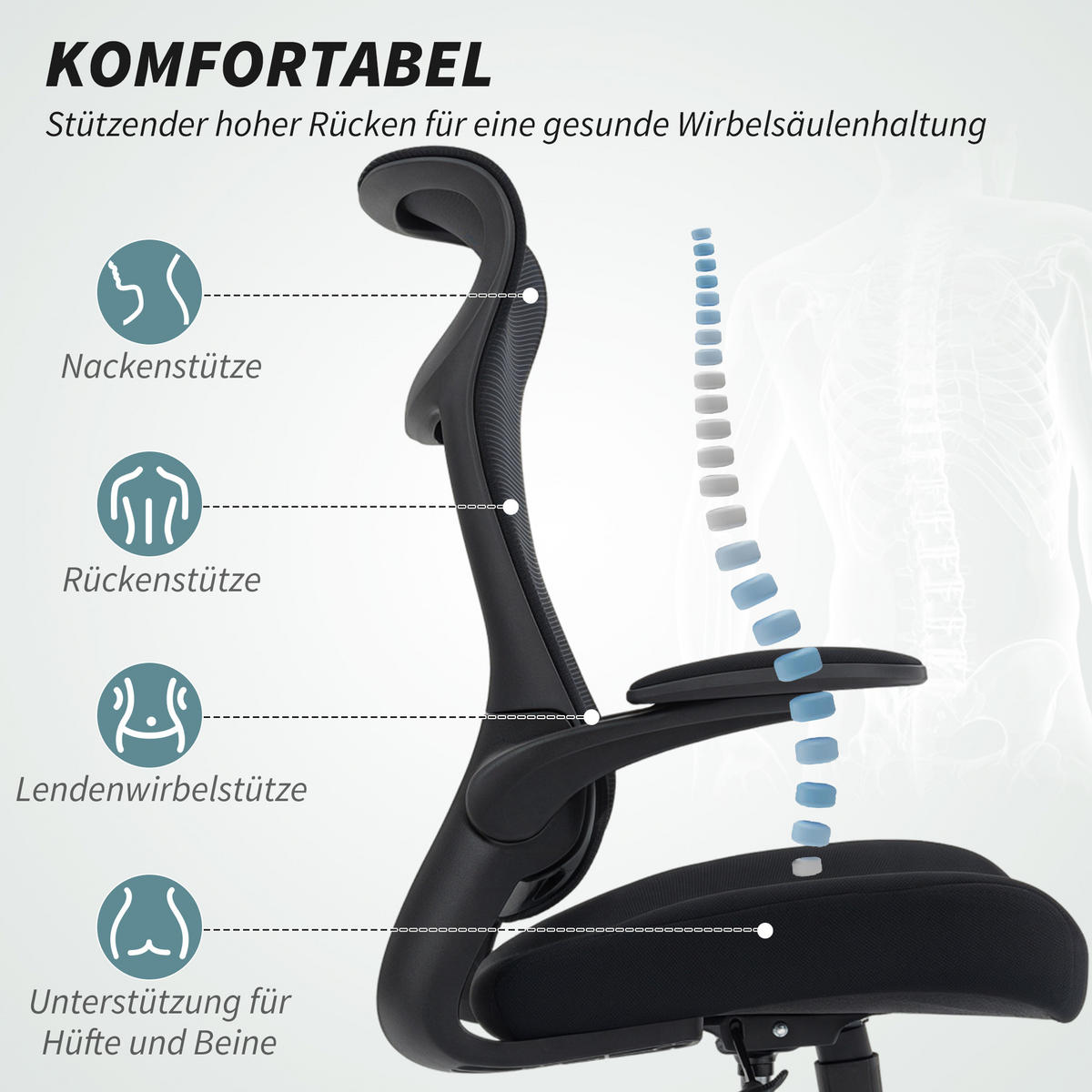 BÜROSTUHL mit 3D-Armlehnen Netzbespannung Kopfstütze Ergonomisch - Schwarz, Kunststoff/Textil (64/118/65cm) - HOMCOM
