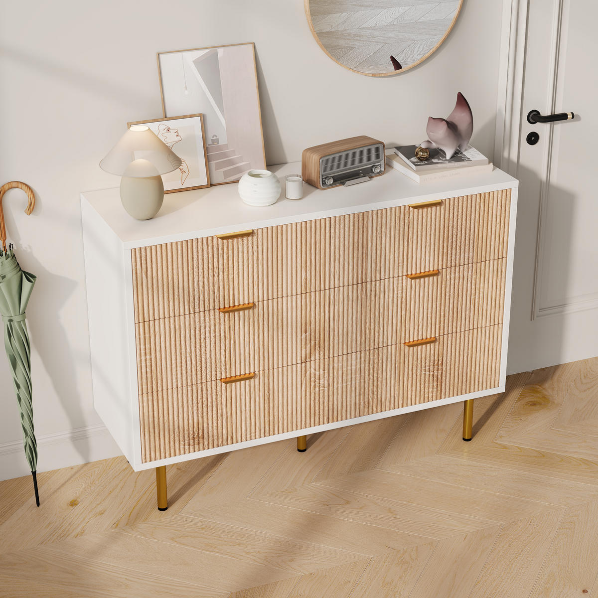 KOMMODE mit 6 Schubladen, Schubladenschrank Holz, in Naturholzfarbe + Weiß - Goldfarben/Naturfarben, Holz/Metall (34/73/100cm) - BPKADHY