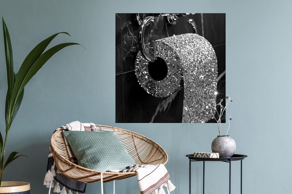 WANDTATTOO WC - Toilettenpapier - Schwarz und weiß - Glitter 50x50 cm - Silberfarben, Kunststoff (50/50/0.1cm) - MuchoWow