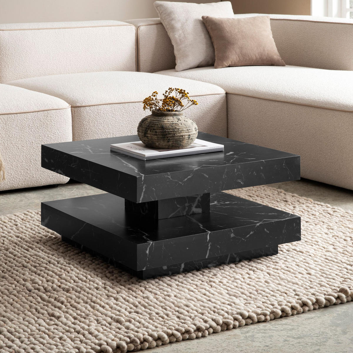 COUCHTISCH in Stein-Optik mit Stauraum, Modernes Design, Quadratisch, Schwarz 60x60x34 cm - Schwarz, Holzwerkstoff (60/60/34cm) - KADIMA DESIGN