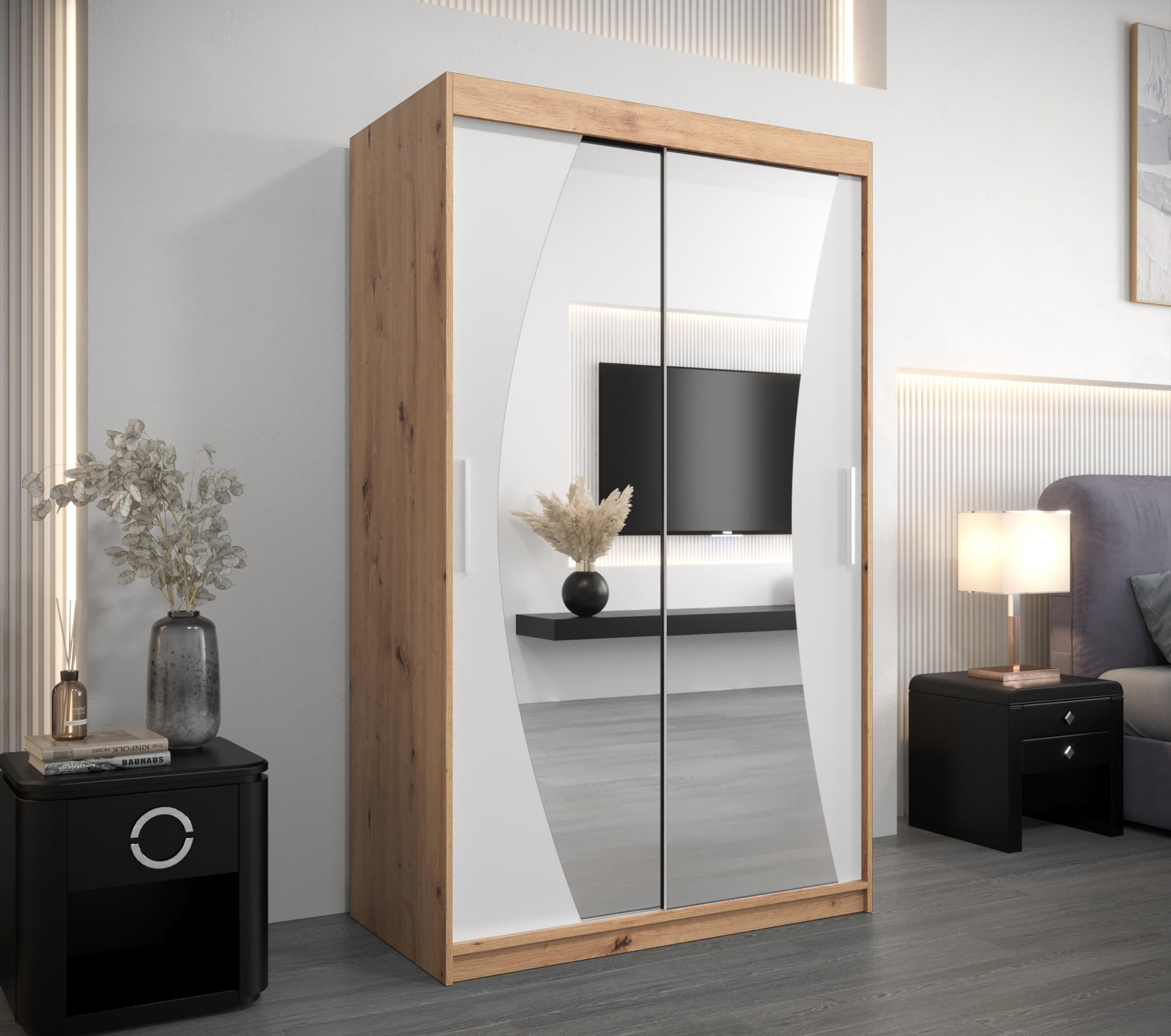 SCHWEBETÜRENSCHRANK 200/120/62 2-türig - Silberfarben/Eiche Artisan, Holz/Kunststoff (120/200/62cm) - Abiks Möbel