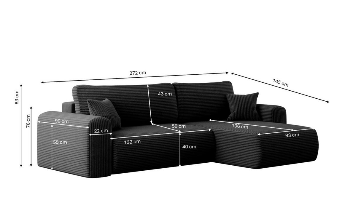 ECKSOFA Mit Schlaffunktion und Stauraum für Bettzeug Capri Stoff Poso Schwarz Rechts - Schwarz, Holz/Textil (272/145cm) - Kaiser Möbel