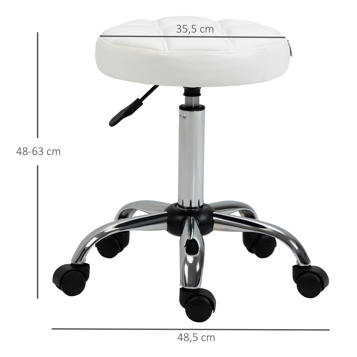 ROLLHOCKER Höhenverstellbarer Arbeitshocker, Drehbarer Salon Hocker für Büro - Weiß, Leder (35.5/67/35.5cm) - HOMCOM