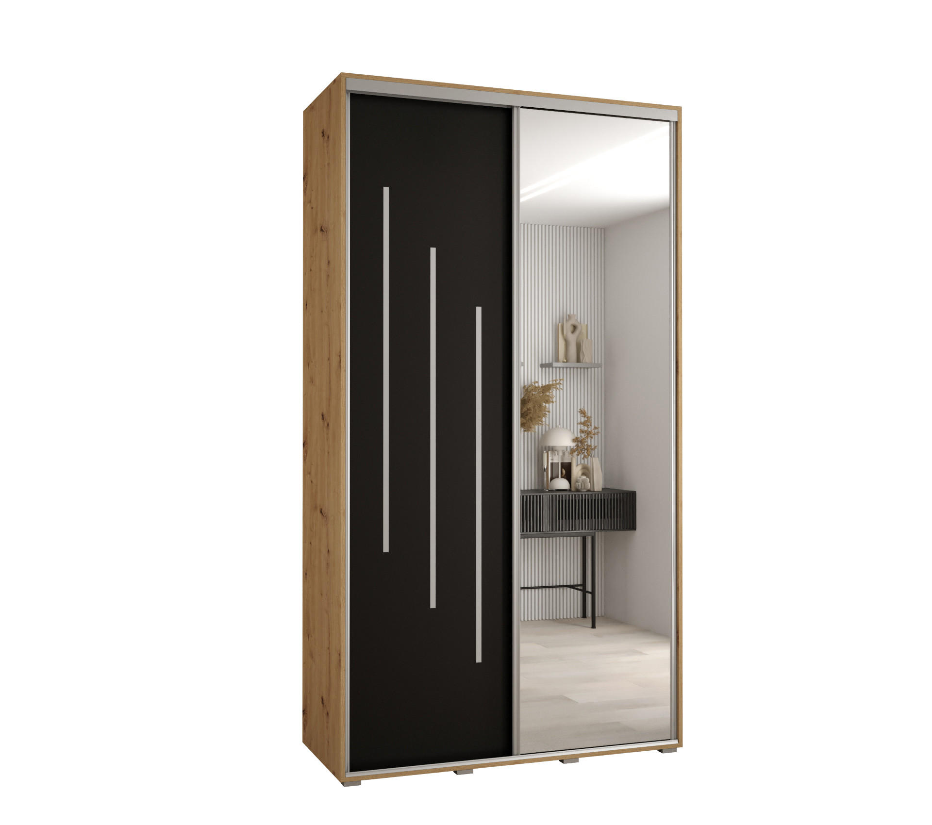 Abiks Möbel Schwebetürenschrank Eiche Artisan, Schwarz, Silber 130x235x45 cm