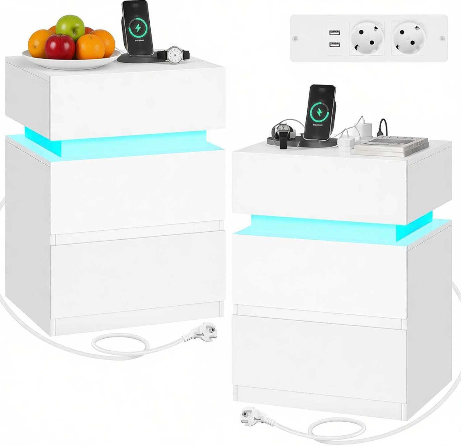 NACHTTISCH 40/55/35 cm Weiß aus Holz mit LED-Beleuchtung 2er Set - Weiß, Holzwerkstoff (35/55/40cm) - OKMYHOME