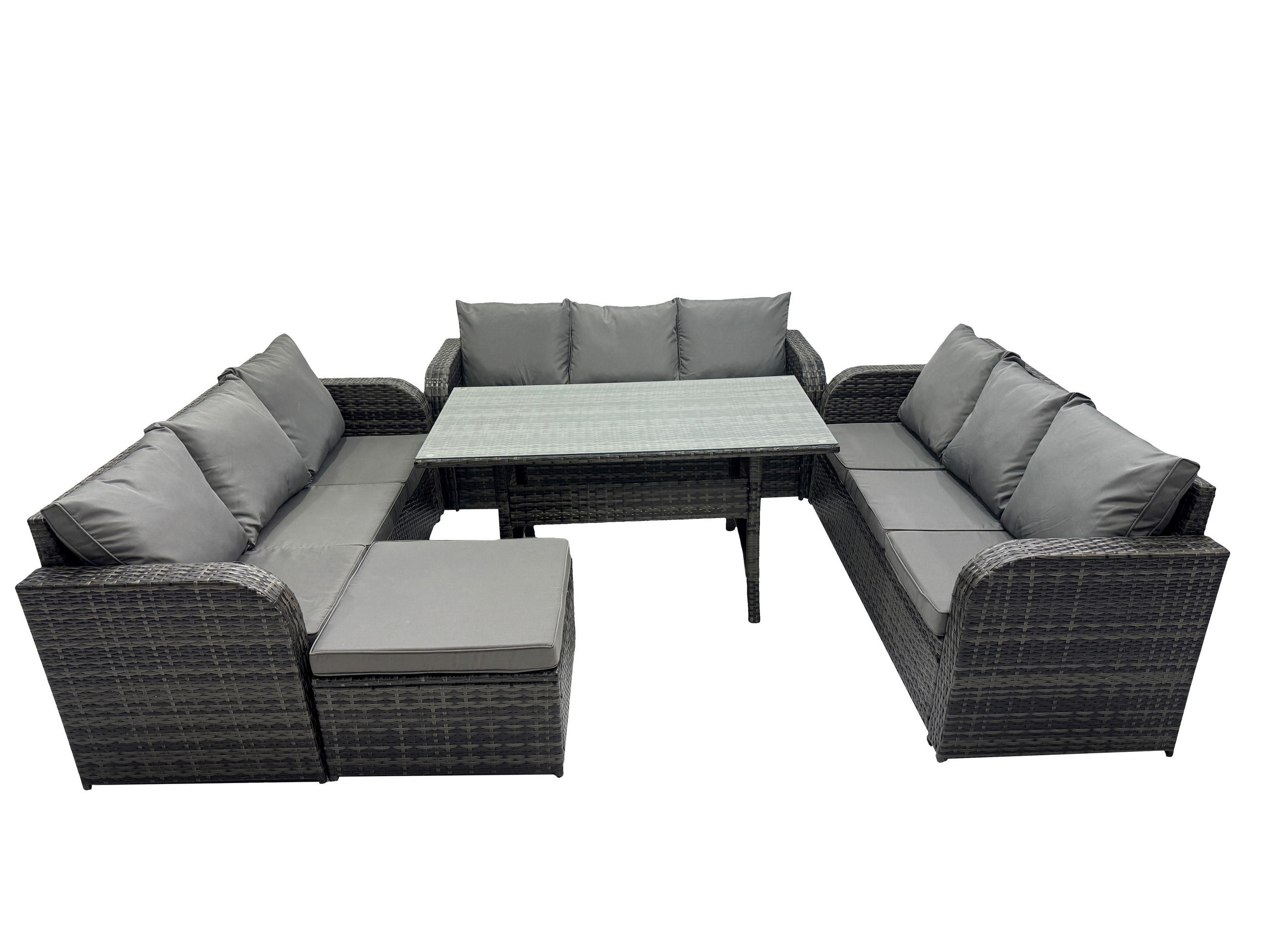GARTENTISCHGRUPPE mit Beistelltisch,2 Hocker Polyrattan Dunkelgrau 10-Sitzer - Dunkelgrau/Grau, Glas/Kunststoff - Fimous