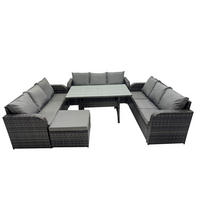 GARTENTISCHGRUPPE mit Beistelltisch,2 Hocker Polyrattan Dunkelgrau 10-Sitzer - Dunkelgrau/Grau, Glas/Kunststoff - Fimous