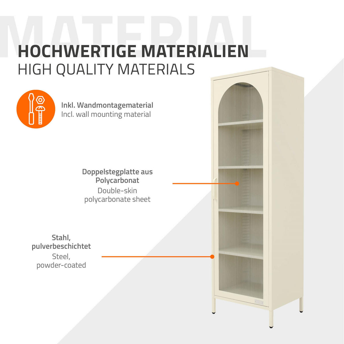 VITRINENSCHRANK 45x145x35 cm Creme aus Stahl - Creme, Metall (45/145/35cm) - ML-DESIGN