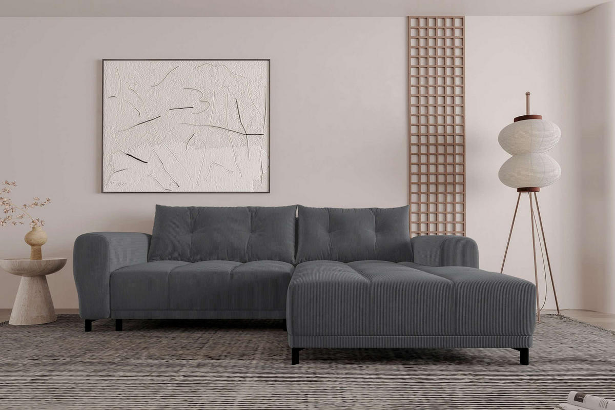 ECKSOFA Massimo Cordstoff Graphitfarben inkl. Schlaffunktion Rechts - Schwarz/Graphitfarben, Textil/Metall (246/177cm) - 99rooms