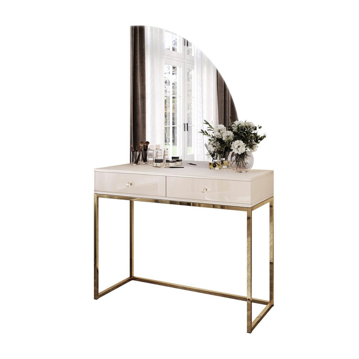 SCHMINKTISCH QUINNIE KASCHMIR mit LED-Spiegel gold Chrom rechts Griff Kristall - Transparent/Goldfarben, Holzwerkstoff (100/175/42cm) - Lookway