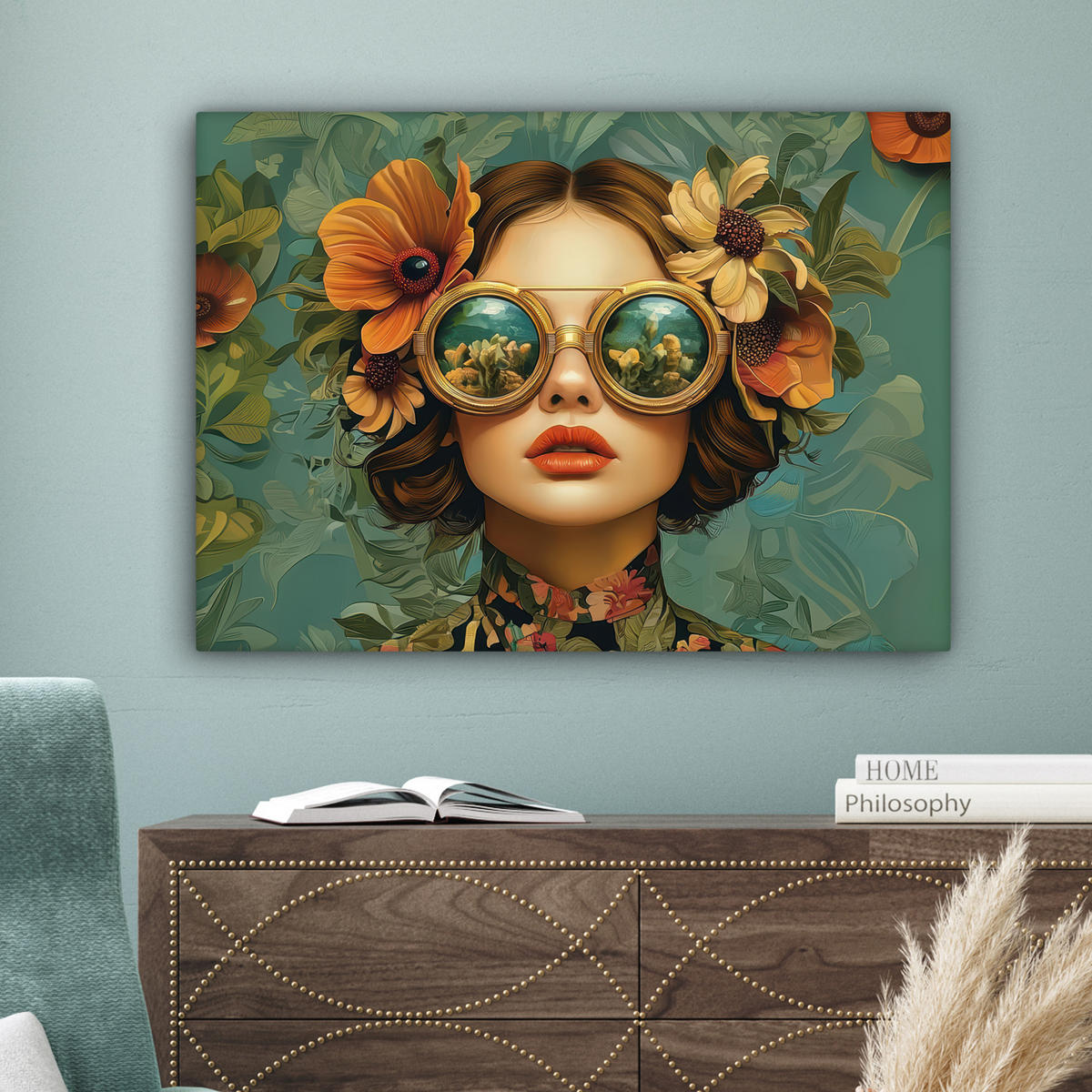 LEINWANDBILD Frau - Blumen - Schmetterlinge - Natur - Vintage Wandbilder 80x60 cm - Salbeigrün, Textil (80/60cm) - MuchoWow