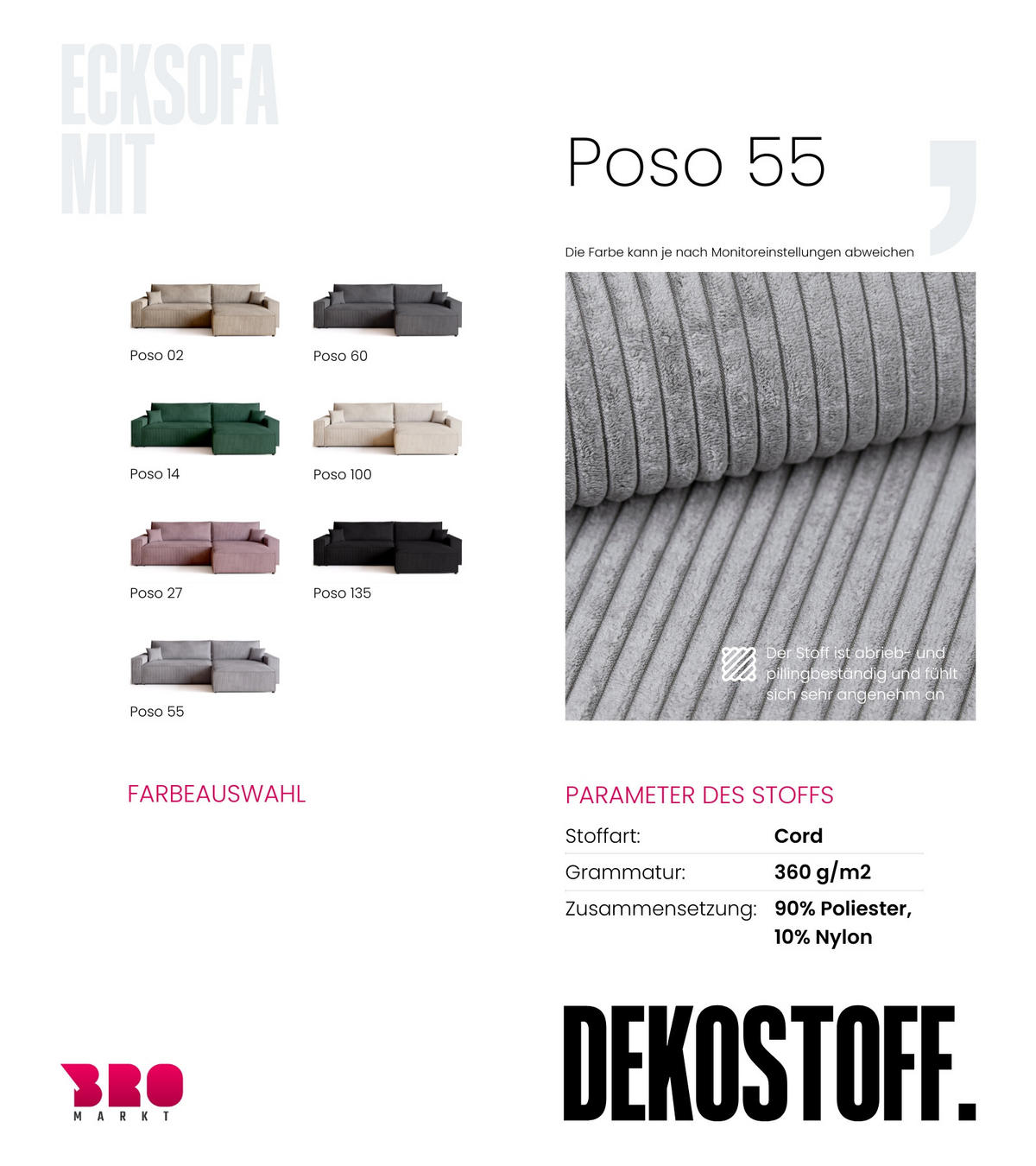 ECKSOFA ADI XL mit Schlaffunktion Hellgrau Cord - Hellgrau, Textil (272/143cm) - Bromarkt