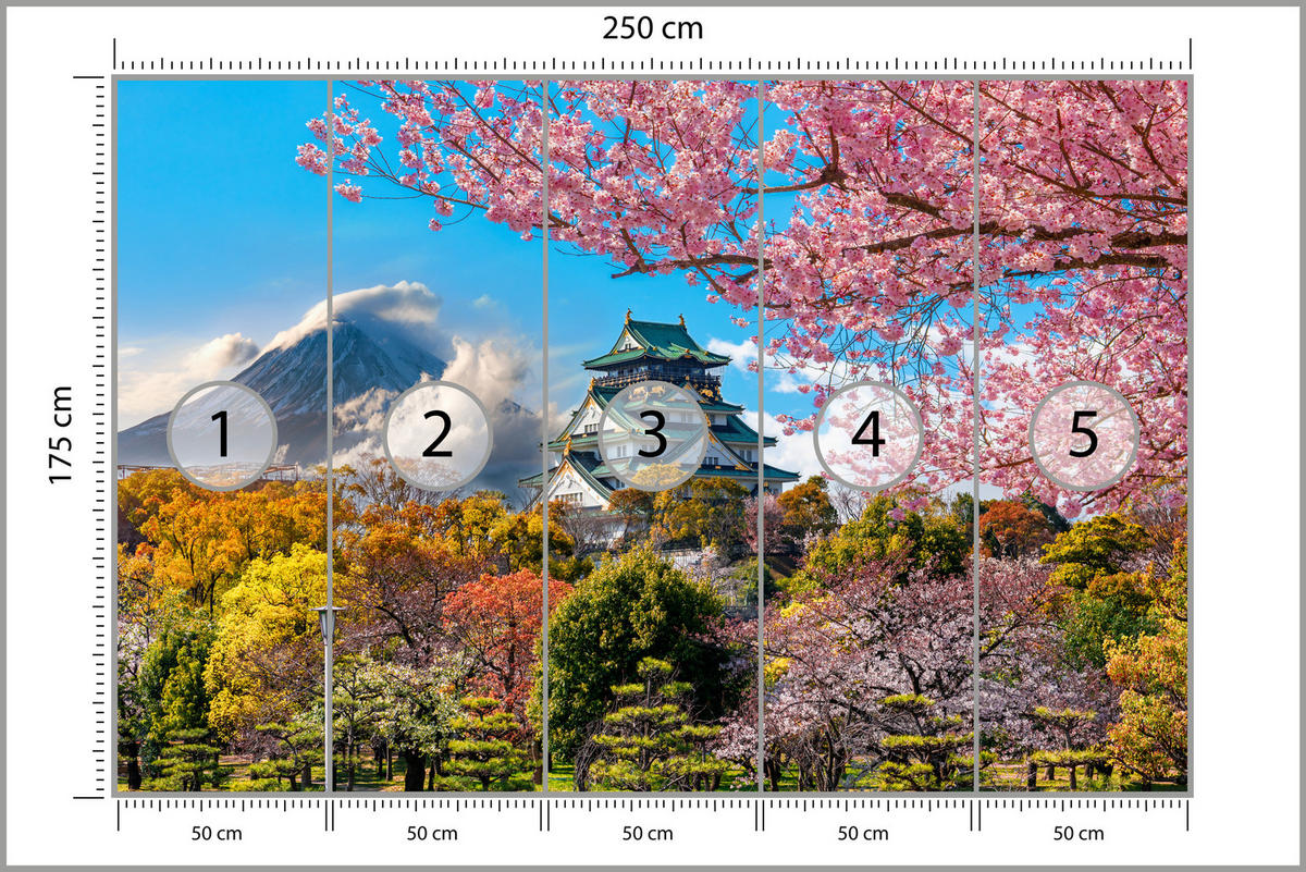 FOTOTAPETE für Wohnzimmer Kirschblüten Osaka Burg Japan Berge Bäume 250x175 - Gelb/Rosa, Papier (250/175cm) - Muralo