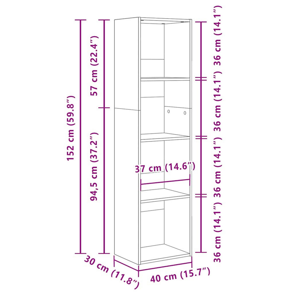 BÜCHERREGAL mit 4 Fächern 40/30/152 cm aus Holzwerkstoff Weiß - Weiß, Holz (40/152/30cm) - vidaXL