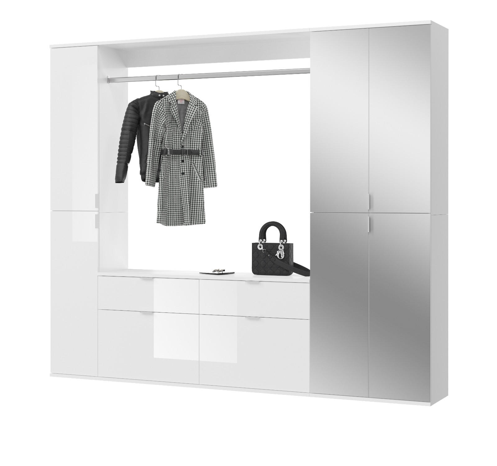 GARDEROBEN-SET weiß Hochglanz 212 cm mit Spiegel, Flurgarderobe - Chromfarben/Weiß Hochglanz, Glas/Holzwerkstoff (212/193/34cm) - Inn.Furn