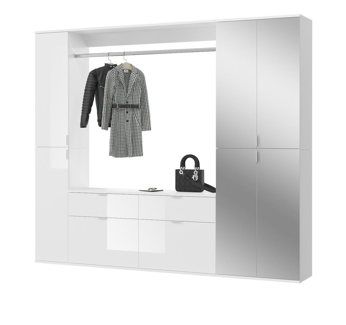 GARDEROBEN-SET weiß Hochglanz 212 cm mit Spiegel, Flurgarderobe - Chromfarben/Weiß Hochglanz, Glas/Holzwerkstoff (212/193/34cm) - Inn.Furn