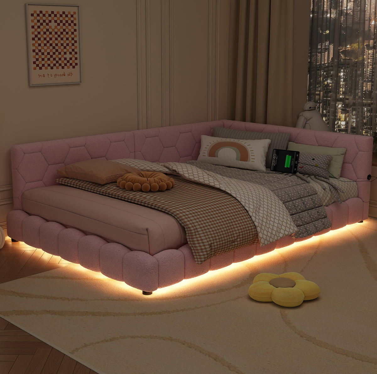 POLSTERBETT 140/200 cm Rosa mit LED-Beleuchtung, USB- und Type-C-Anschlüssen - Rosa, Textil (140/200cm) - Flora Grace