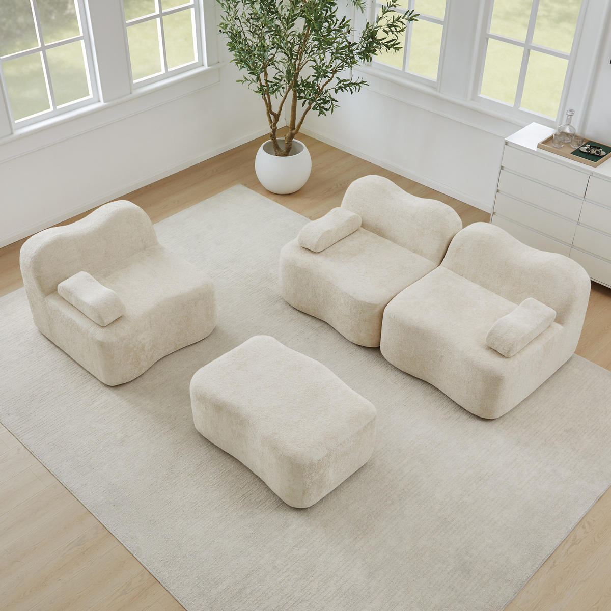 ECKSOFA Samt Beige mit Hocker - Beige, Textil (288/167cm) - WISHDOR