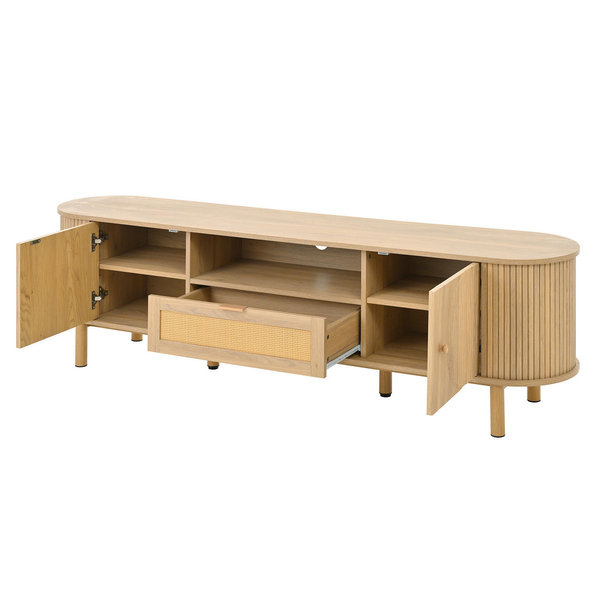 TV-SCHRANK 175 cm Natur Holzoptik mit Rattan-Schublade, Runddesign & offenen Fächern - Naturfarben, Holzwerkstoff (175/51/36cm) - Urban Meuble