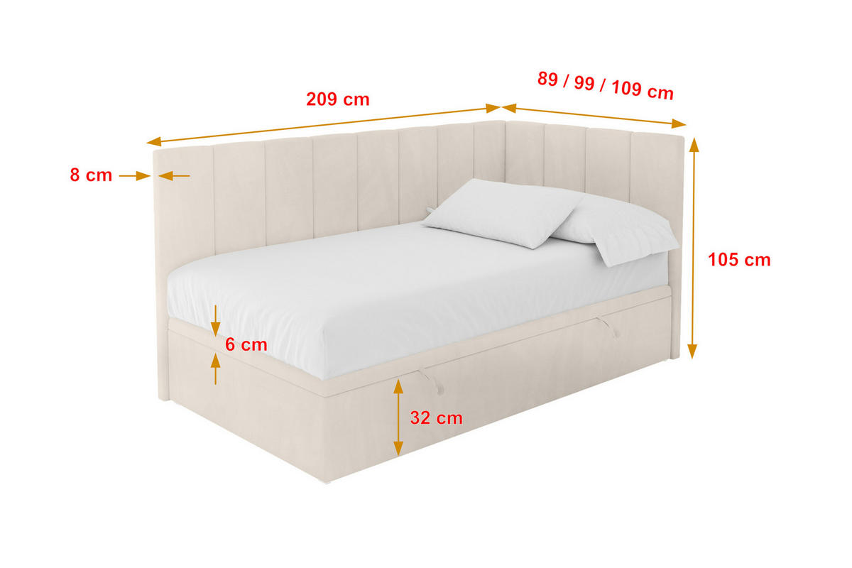 EINZELBETT Jugendbett mit Bettkasten Links, ohne Matratze - LOVY 100x200 Beige - Beige, Holzwerkstoff/Textil (100/200cm) - ALTDECOR
