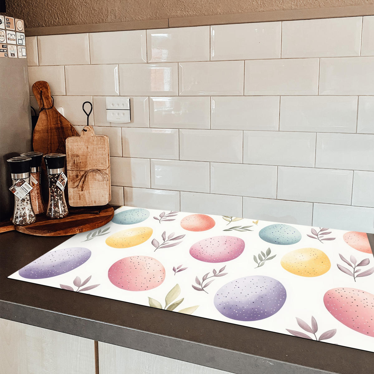 HERDABDECKPLATTE Eier - Bunt - Muster Induktionsmatte 83x51 cm - Weiß, Kunststoff (83/51.5/0.2cm) - MuchoWow