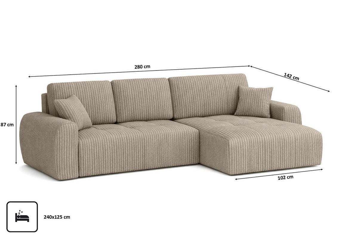 ECKSOFA Mit Schlaffunktion Und Bettkasten L-Form Ivo XL, Cordstoff Poso, Dunkelbeige, Rechts - Beige, Holz (280/142cm) - Kaiser Möbel