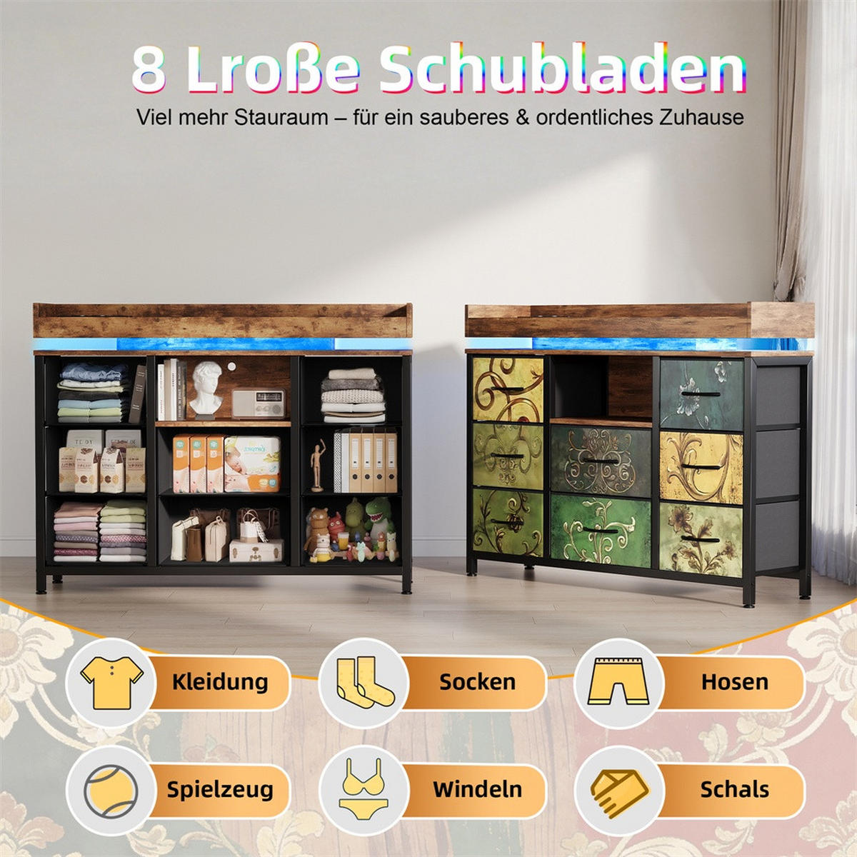 KOMMODE mit 8 Schubladen - integrierte Ladestation und RGB-LED-Beleuchtung - Bunt - Multicolor, Holzwerkstoff (108/82/30cm) - DELFA