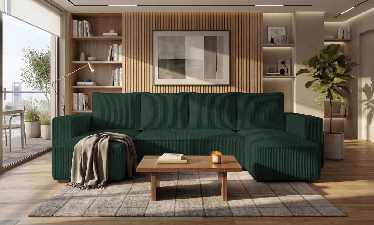 WOHNLANDSCHAFT CUDDY Umit Schlaffunktion und Bettkasten, Farbe: Grün, Cordstoff - Grün, Textil (305/85/140cm) - Storez24