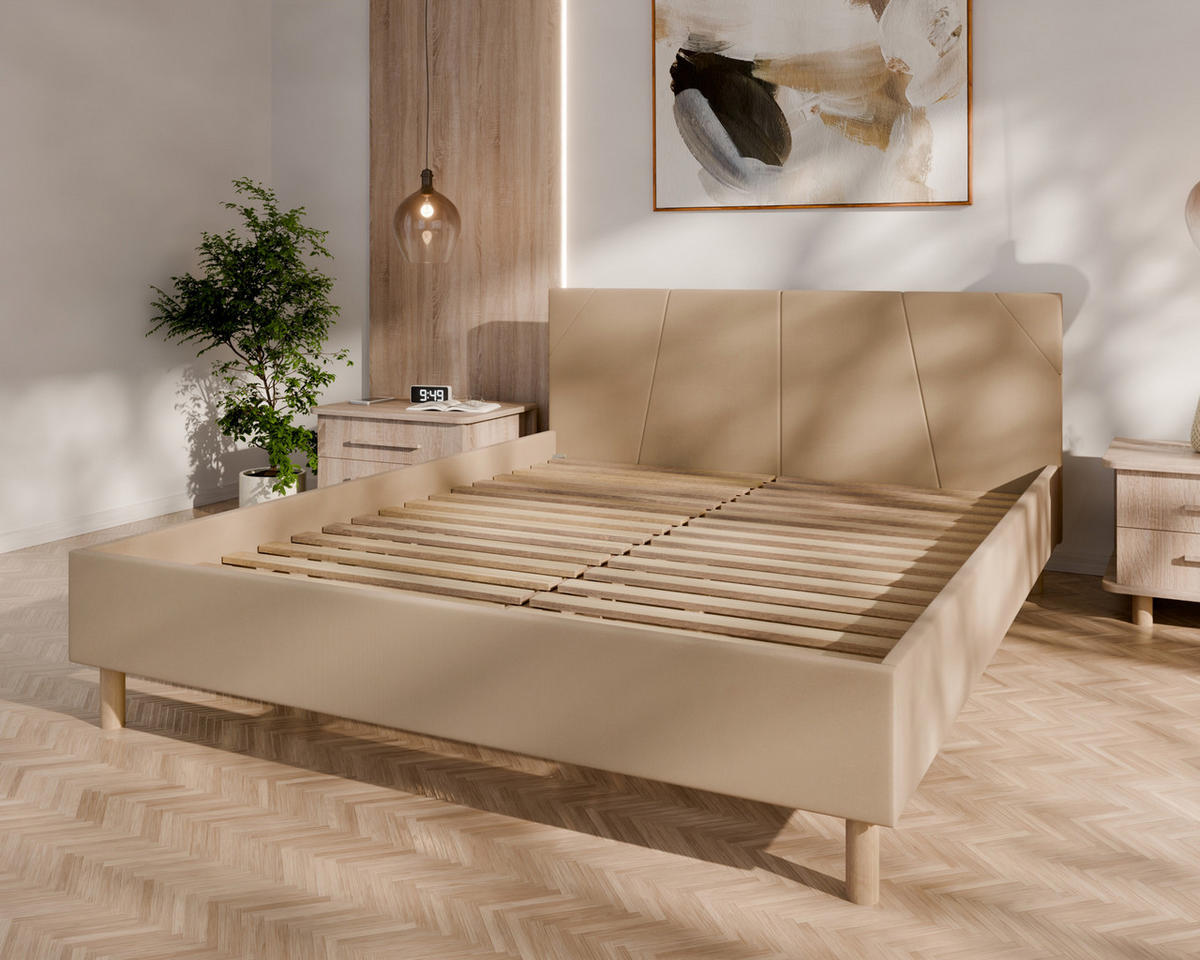 POLSTERBETT ALMORE 160x200cm, Taschenfederkernmatratze LIORA(19cm), Creme - Creme, Holz (160/200cm) - Homesy