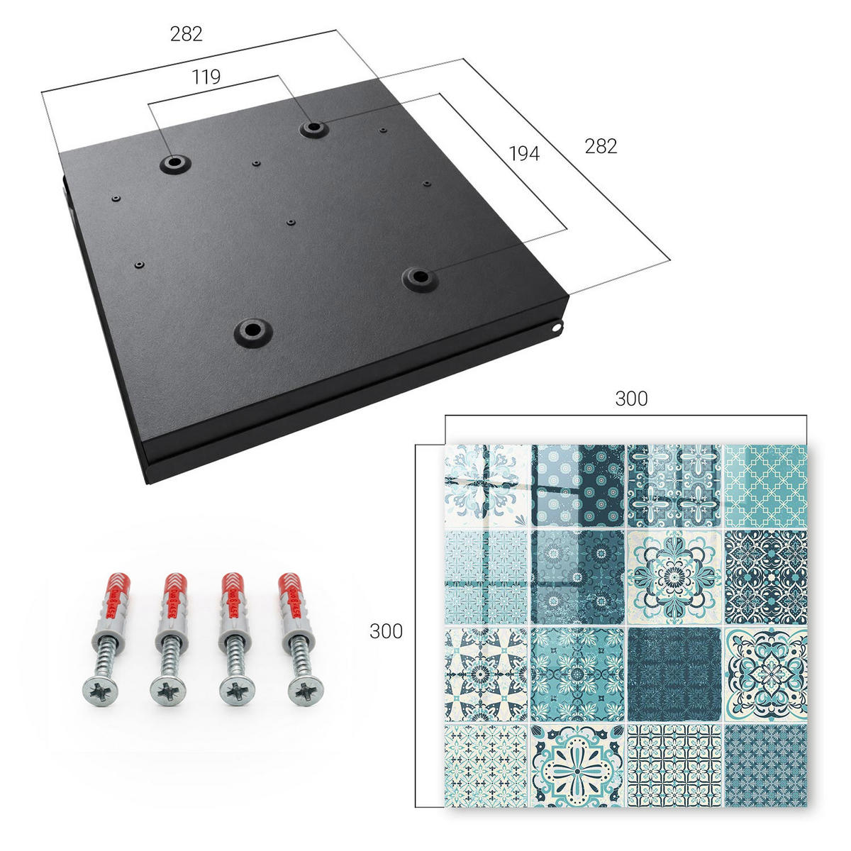 SCHLÜSSELBOX Schwarz 30x30 cm- Türöffnung nach rechts - Retro-Mosaik - Türkis, Metall (30/30/5cm) - TULUP