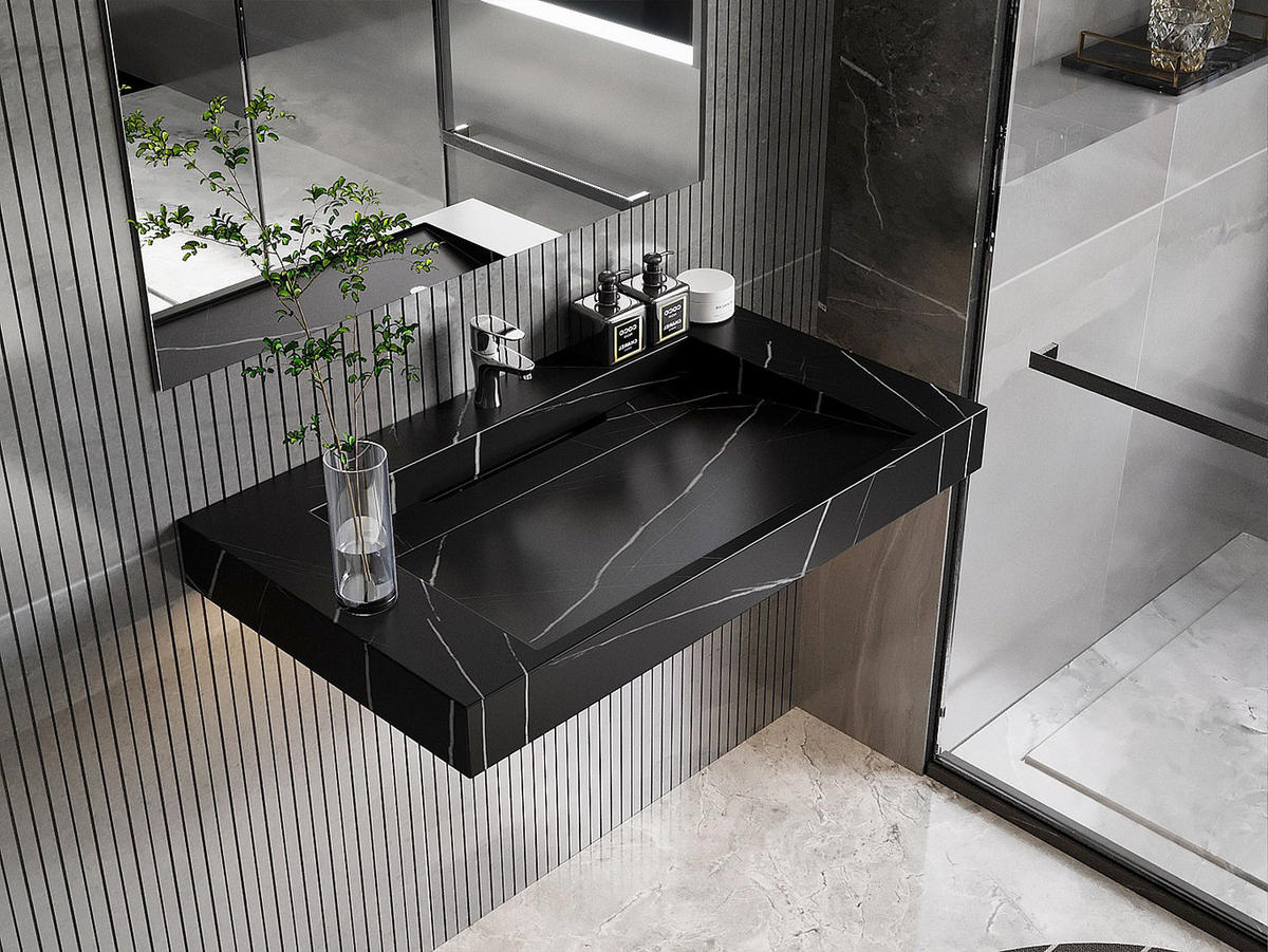 WASCHBECKEN hängend - 90.2 x 45.2 x 8 cm - Schwarz mit Marmor-Optik - TAKOTNA - Schwarz, Stein (90.2/8/45.2cm) - Vente-Unique