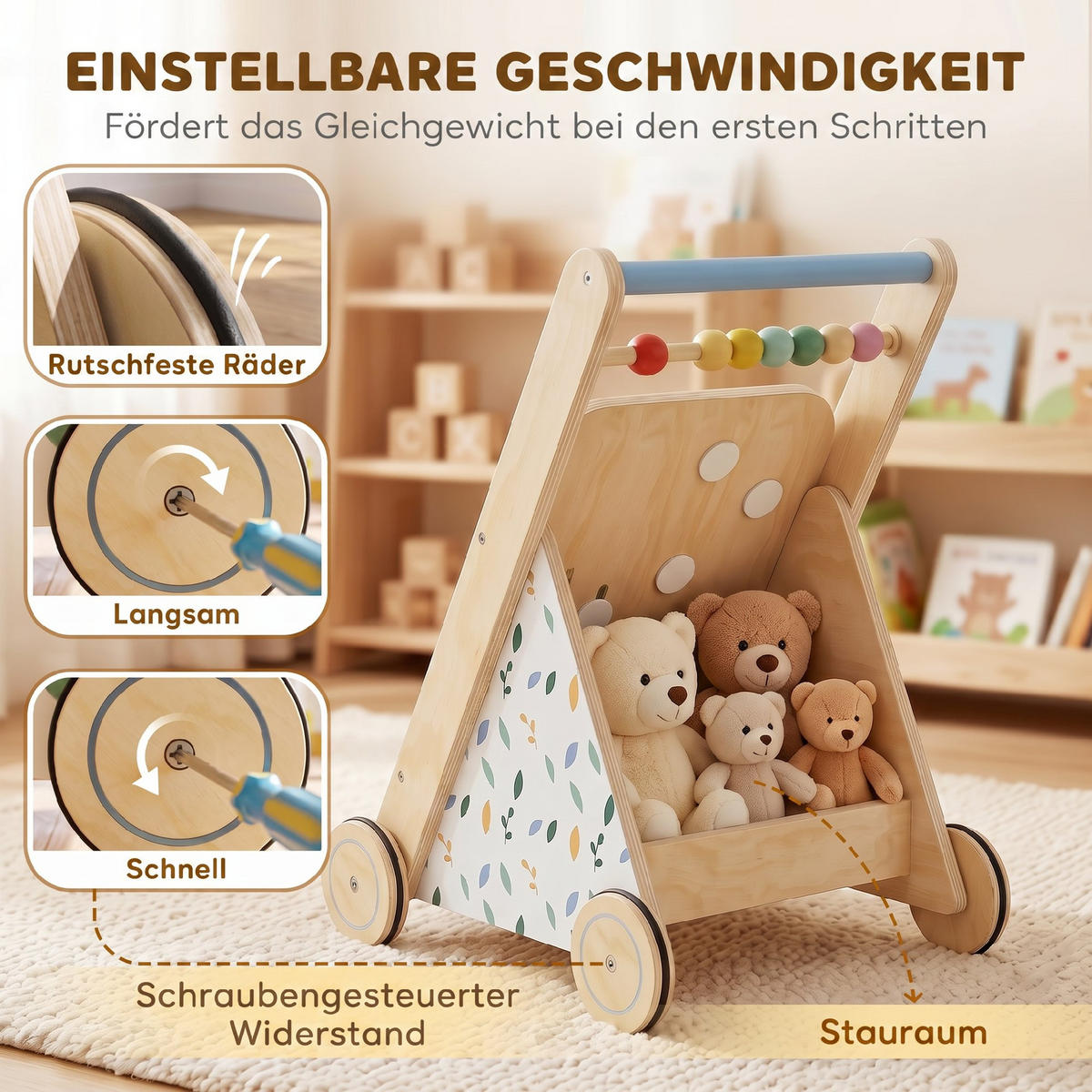 BABY-LAUFLERNWAGEN Mehrschichtplatte Kautschukholz Naturholz Weiß - Naturfarben, Holz (32.4/46/34.5cm) - AIYAPLAY
