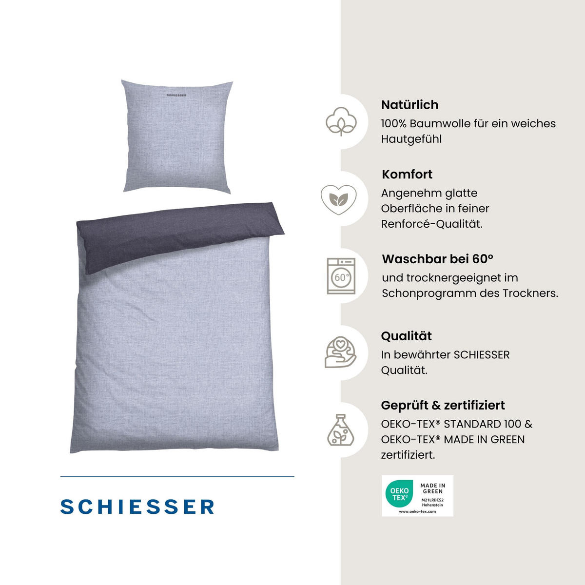 BETTWÄSCHESET Doubleface - Renforcé - 2-teilig - 155 x 220 cm - Blau - Blau, Textil (155/220cm) - SCHIESSER