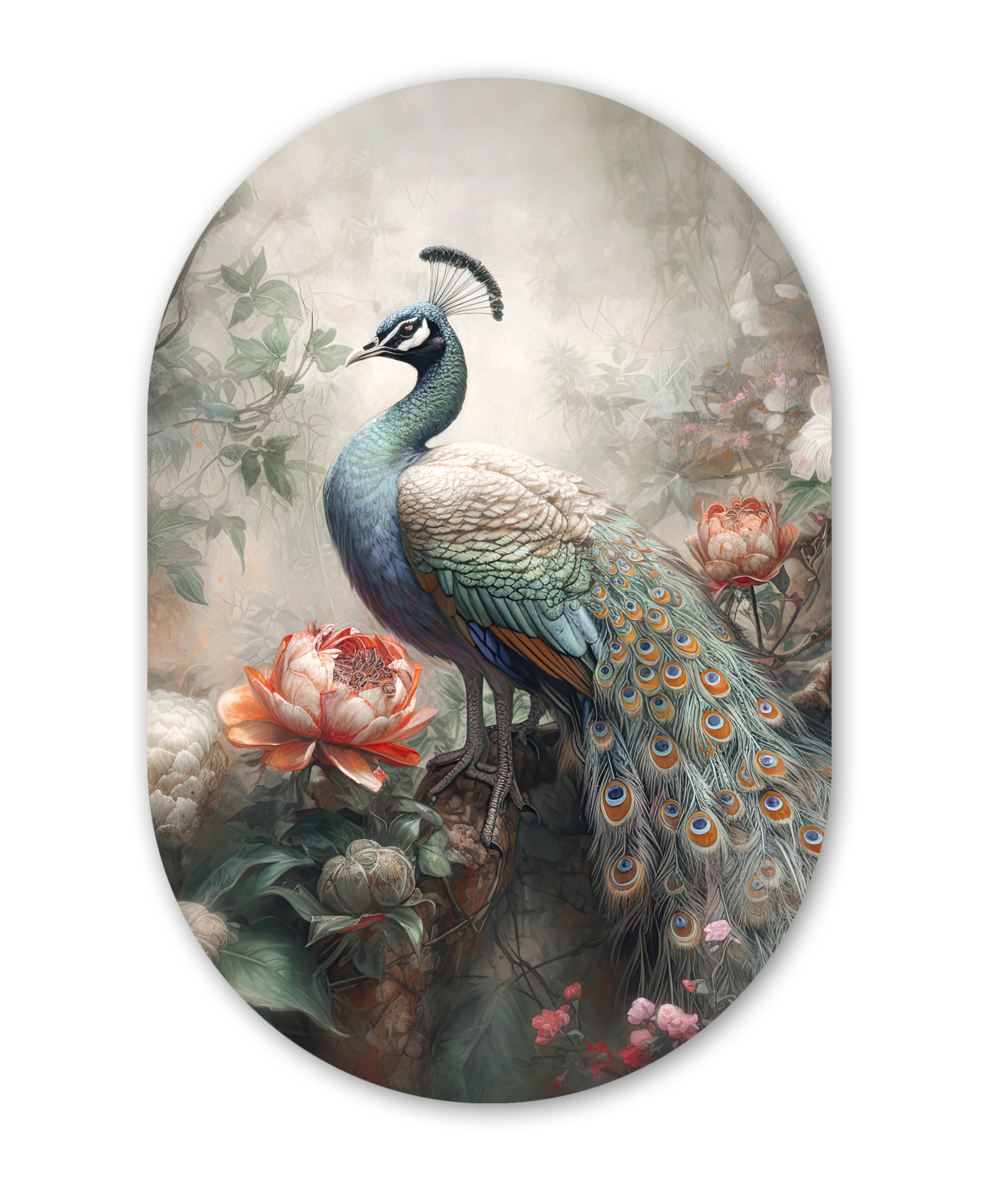 NÁSTĚNNÝ OBRAZ Páv - Páví peří - Pták - Džungle - Květiny 40x60 cm - smaragdově zelená, plast (40/60cm) - MuchoWow