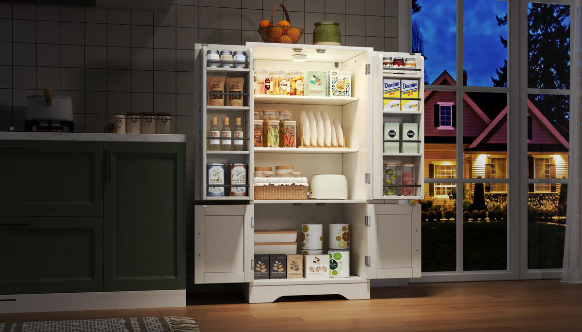 BUFFET 120/60/40 cm in Weiß mit LED-Beleuchtung und 4 Türen - Weiß, Holzwerkstoff (60/120/40cm) - Flora Grace