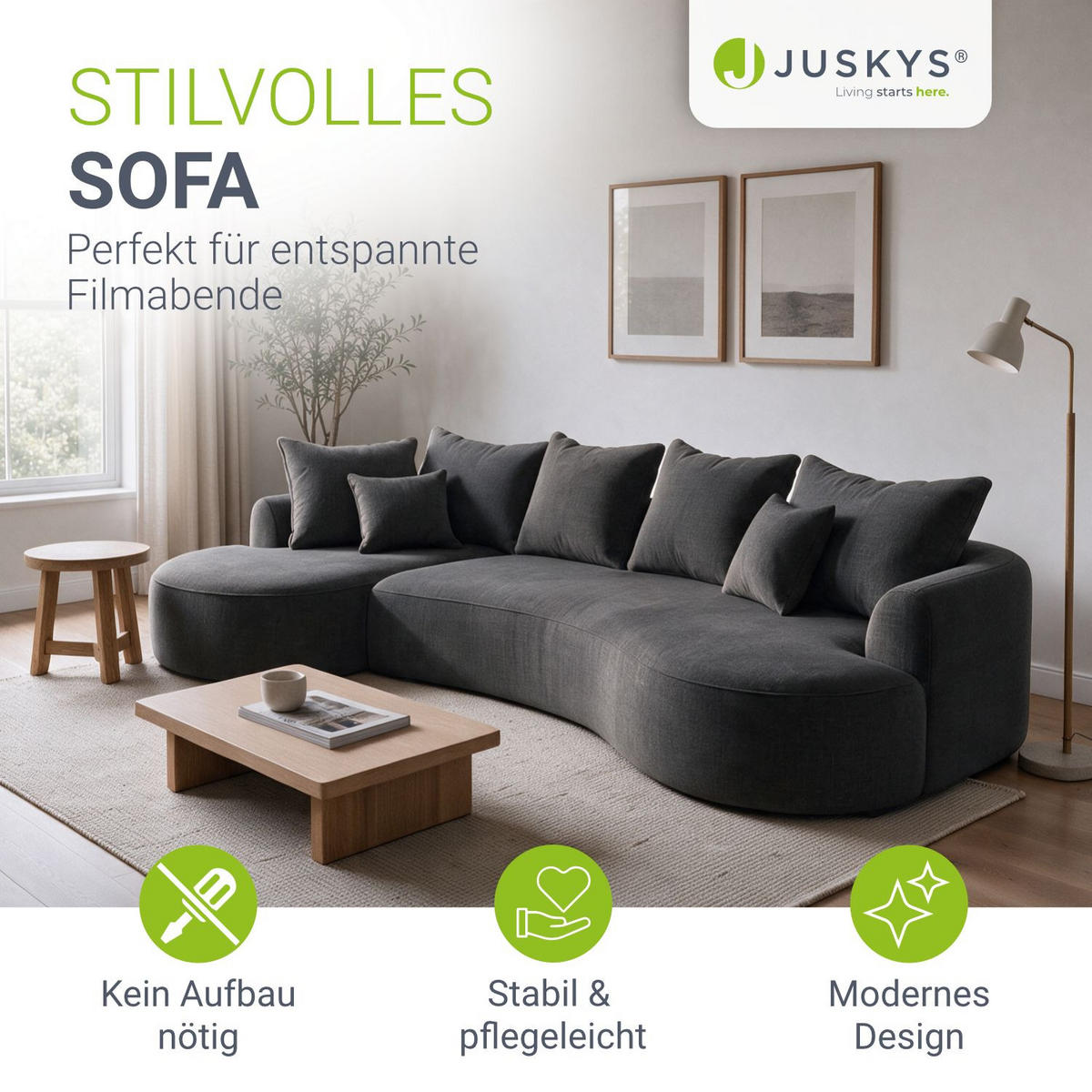 SOFA Tirano Samt Dunkelgrau mit Ottomane links - Dunkelgrau, Textil (102/300cm) - Juskys
