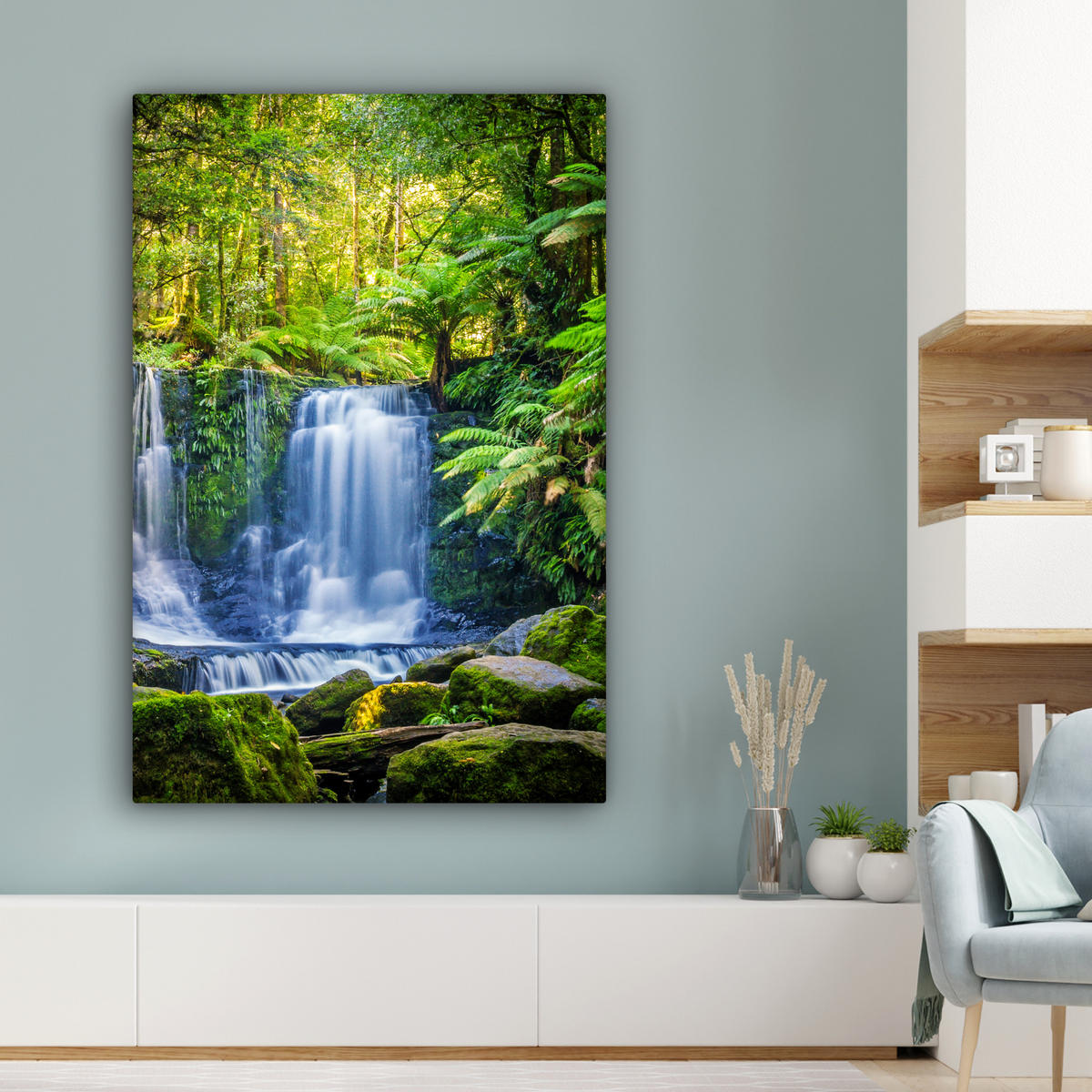 LEINWANDBILD Dschungel - Wasserfall - Australien - Pflanzen - Natur 80x120 cm - Dunkelgrün, Textil (80/120cm) - MuchoWow