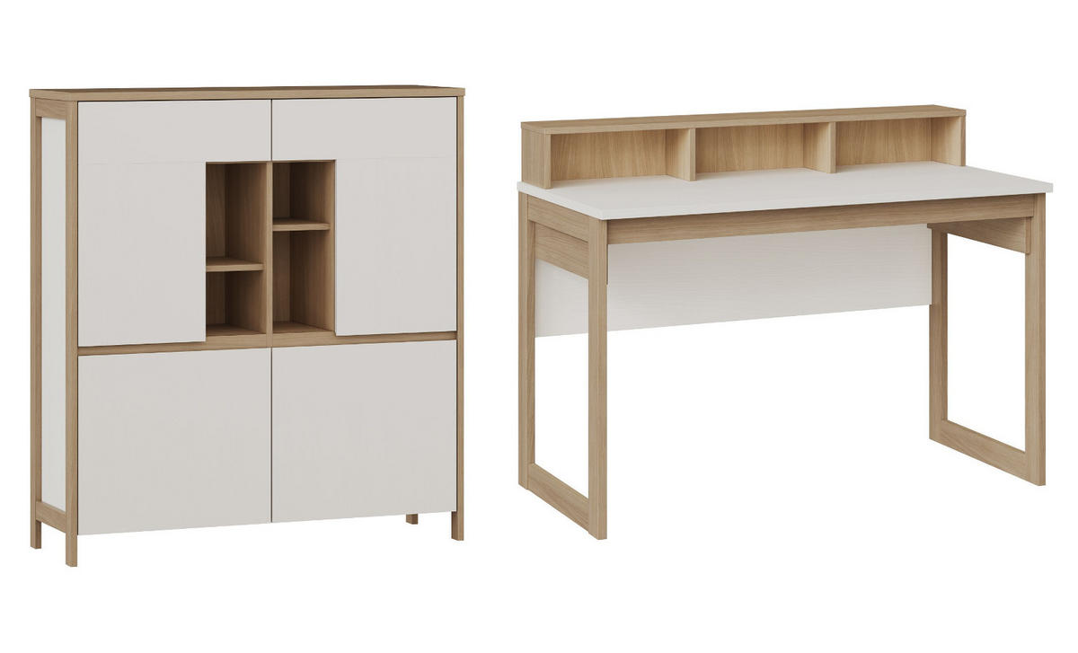 WOHNKOMBINATION weiß, Eiche, Set mit Highboard und Schreibtisch, Soft-Close, Finnes - Eichefarben/Weiß, Glas/Holzwerkstoff (246/125/60cm) - Furn.Design