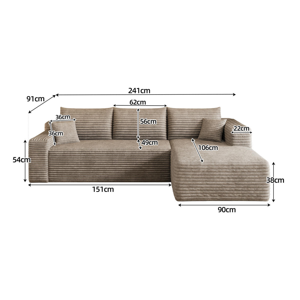 L-FÖRMIGES ECKSOFA Camel 241/151/58 cm 3-Sitzer Ohne Montage - Cognac, Textil (241/151cm) - PANGIVO