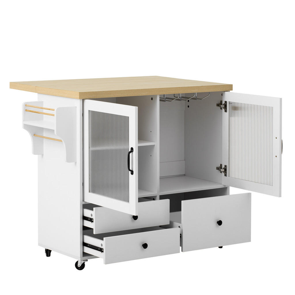 Modfu KUCHYŇSKÝ ostrůvek z MDF 100x42-70x91,5 cm bílý/přírodní na kolečkách s výklopnou deskou, úložným prostorem a držákem na sklenice