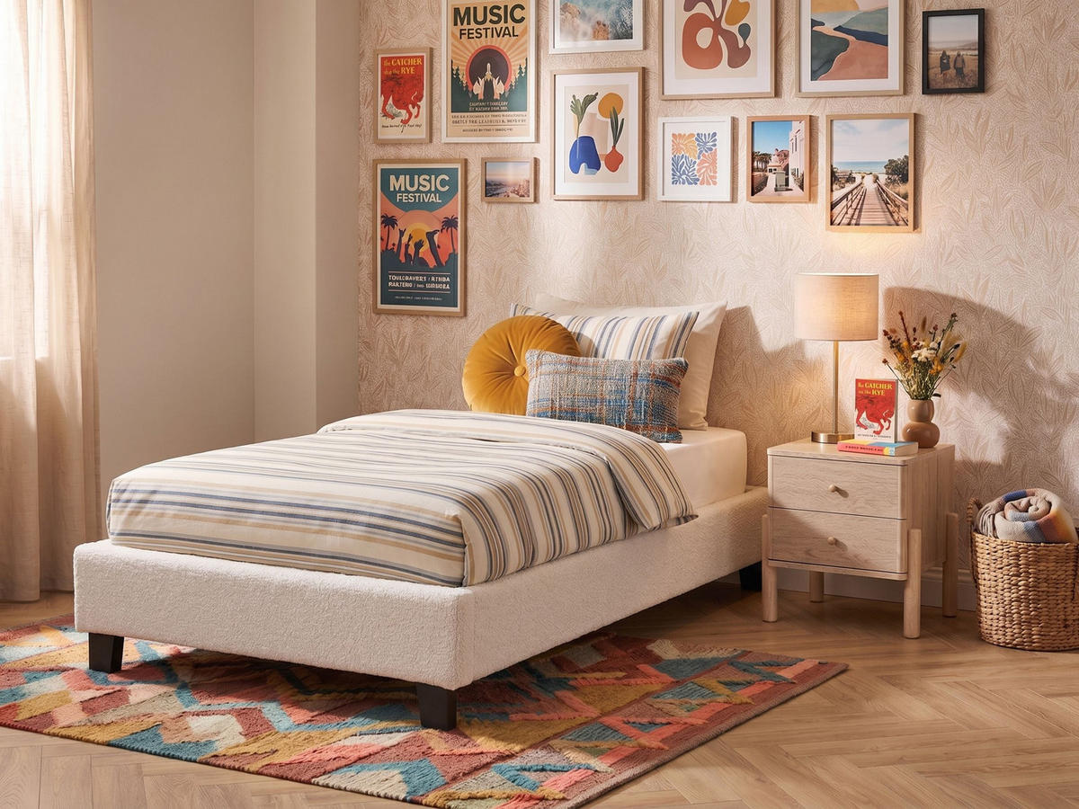 KÁRPITOZOTT ÁGY Bézs-Sötét fa színű 90-200 cm Roanne - bézs/sötétbarna, textil (90/200cm) - Beliani