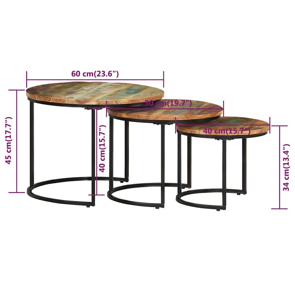 SATZTISCHE 3Er Set Altholz Massiv - Hellbraun, Holz (105/60/45cm) - vidaXL