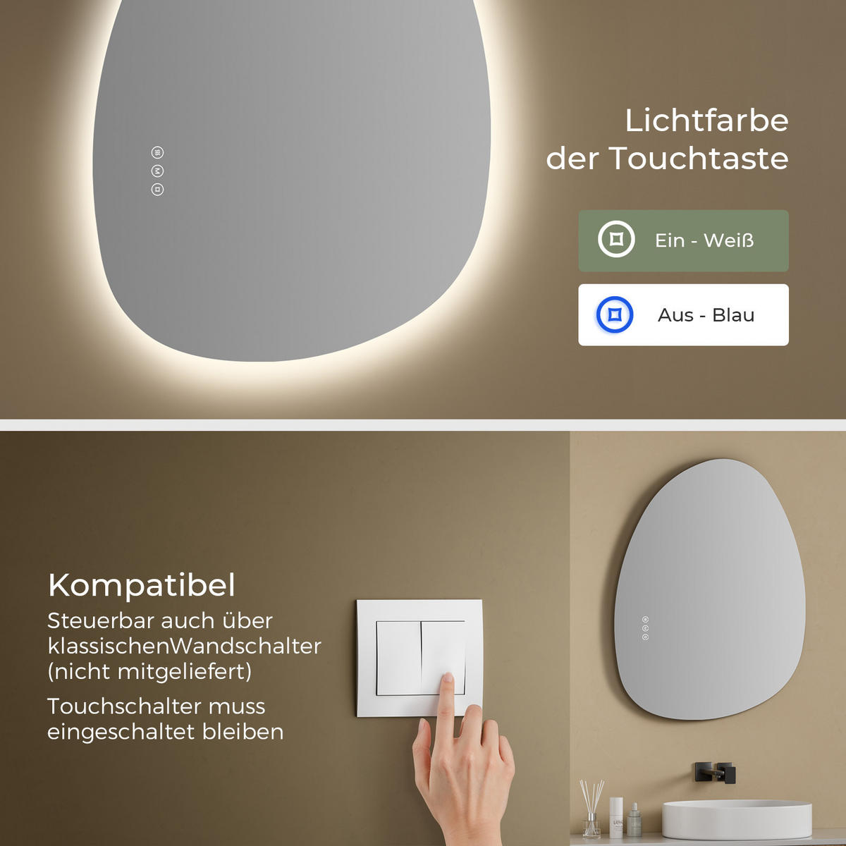 BADSPIEGEL MIT BELEUCHTUNG 50/85 cm asymmetrisch mit dimmbarer LED-Beleuchtung und Antibeschlag - Transparent, Glas (50/85/2.5cm) - S'AFIELINA
