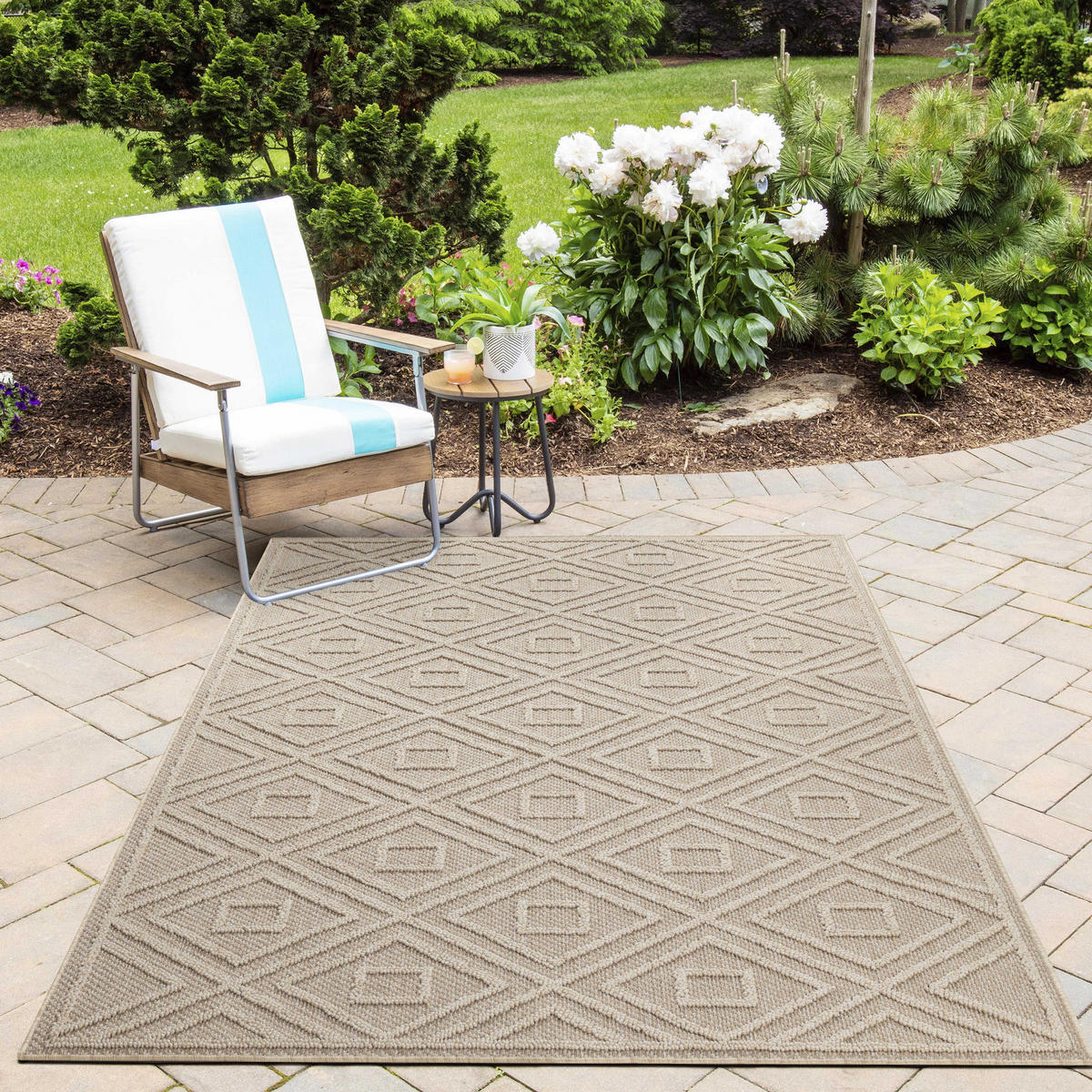 TEPPICH Outdoor Flachgewebe Rauten-Muster Polypropylen Balkon Beige Läufer 80x150 - Beige, Textil (80/150cm) - KADIMA DESIGN
