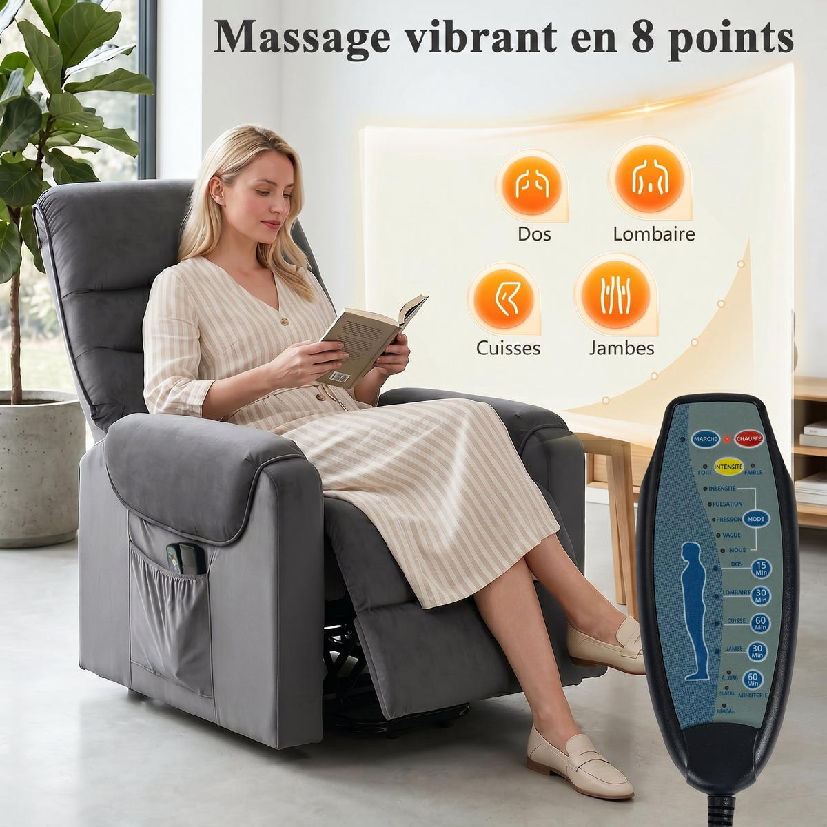 AUFSTEHSESSEL,ELEKTRISCH Massage Vibration Wärme Samt,dunkelgrau - Grau, Textil (79/103/97cm) - Vallsero
