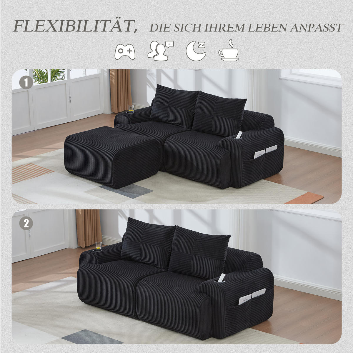 MODULARES 2-Sitzer Cordsofa mit Hocker Getränkehalter und Seitentasche 200/174/80 cm Schwarz - Schwarz, Textil (174/200cm) - Redom