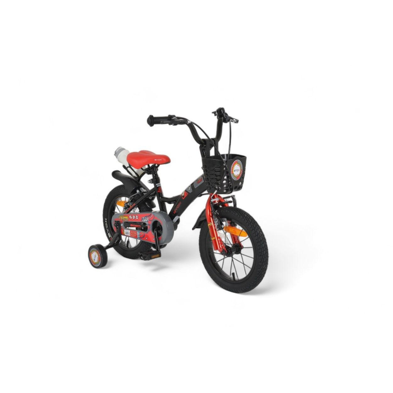 KINDERFAHRRAD Robo 14 Zoll schwarz Stützräder, Frontkorb, Getränkehalter, Klingel - Schwarz, Metall (65cm)