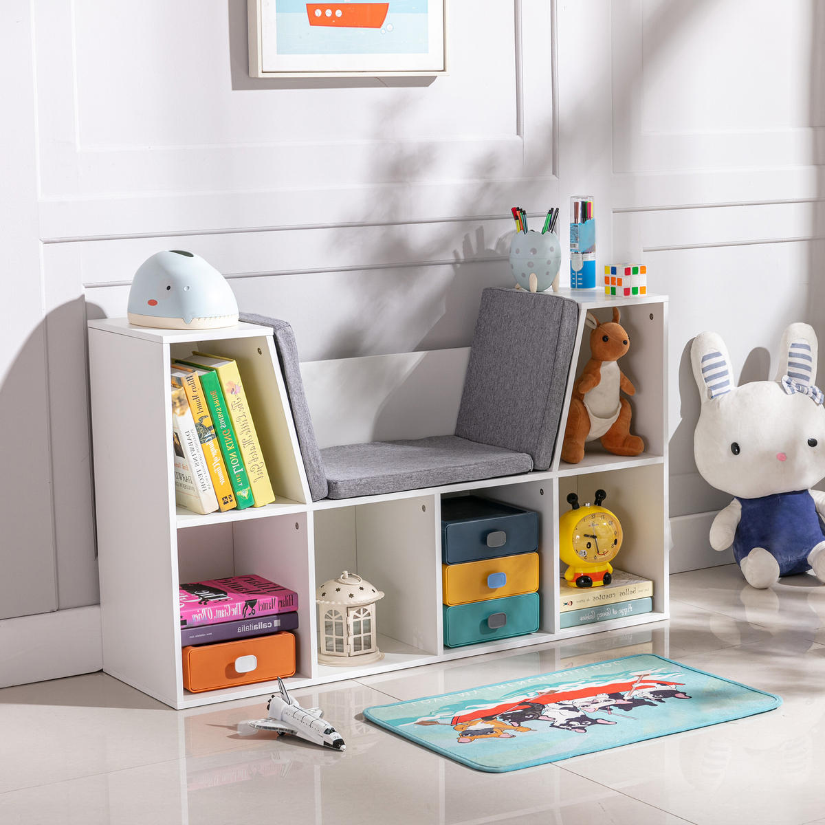 KINDERREGAL 2-in-1 Eckregal mit 6 Fächern Kindersitzbank mit Kissen Weiß+Grau - Weiß/Grau, Holzwerkstoff/Textil (30/62/103cm) - HOMCOM