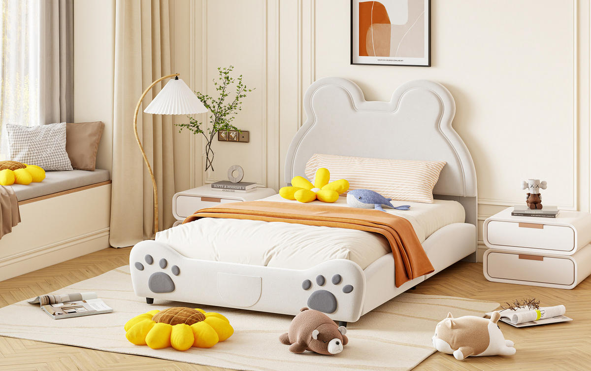 POLSTERBETT für Kinder in Bärenform 140x200 cm Samt Weiß - Weiß, Holzwerkstoff (140/200cm) - Beauniv