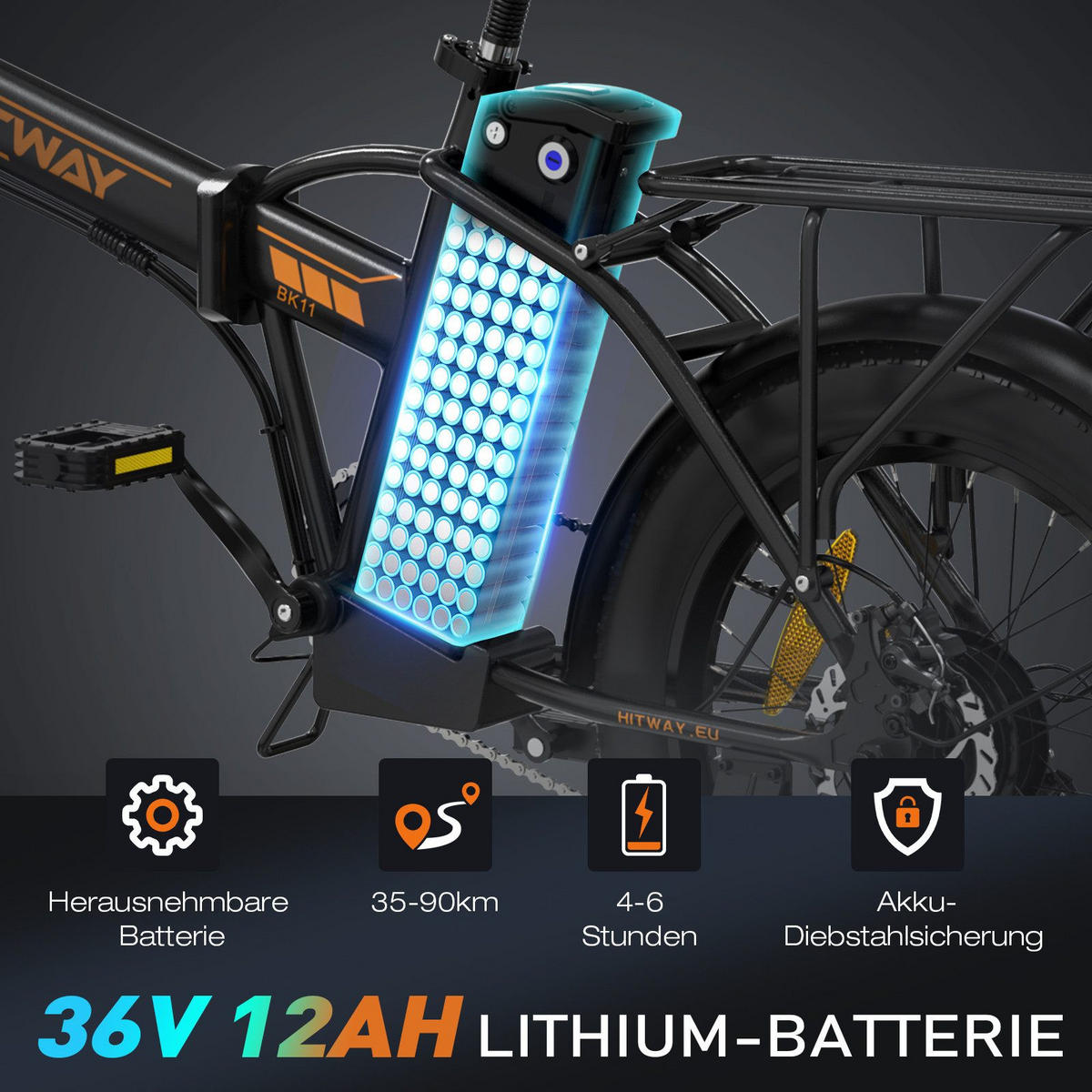 E-BIKE BK11 Klapprad 26 × 3,0 Zoll mit 36V12Ah Akku Max 35-90km - Orange, Metall (38cm) - HITWAY